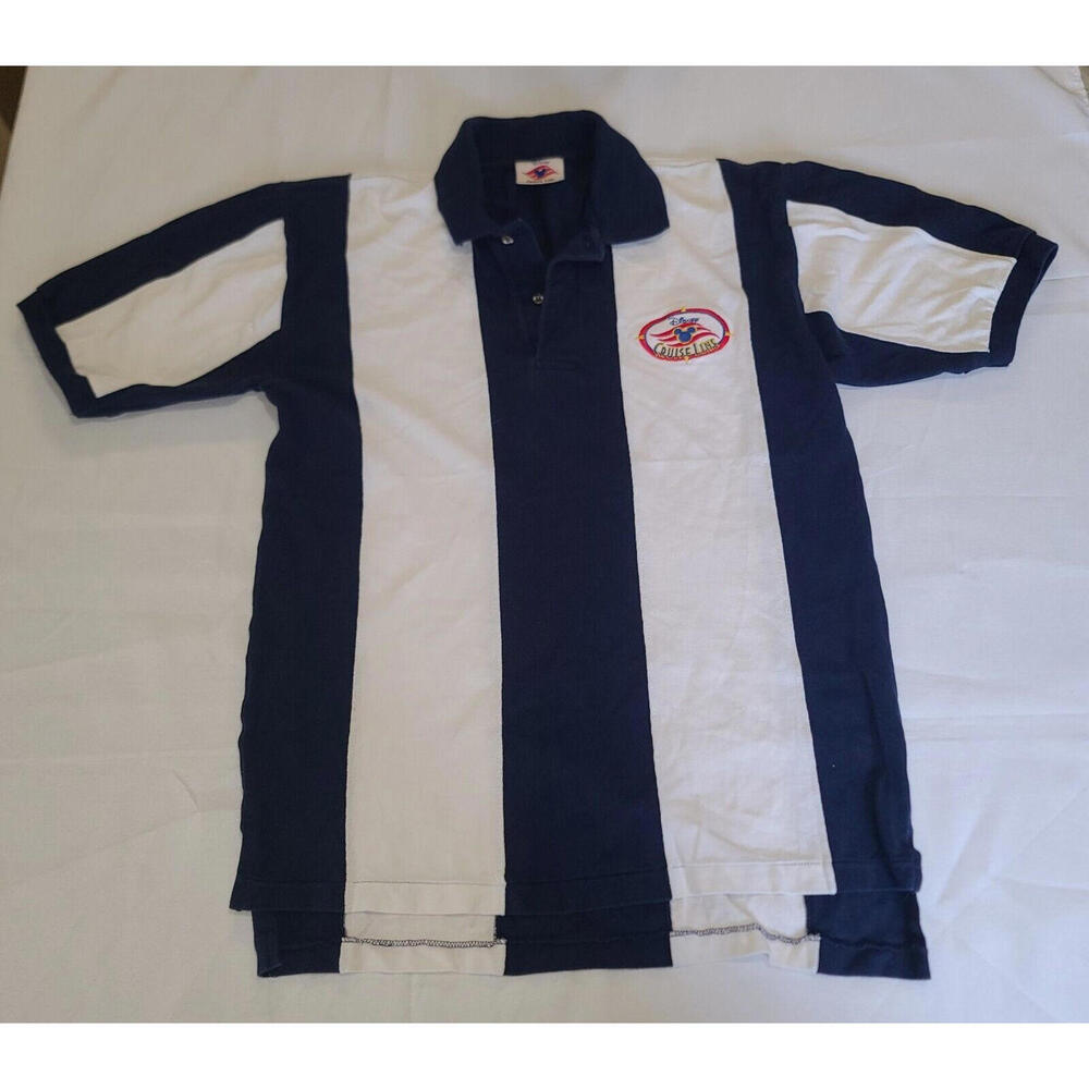 Vintage Disney World Cruise Line Polo Shirt Adult Size M Striped White Blue
